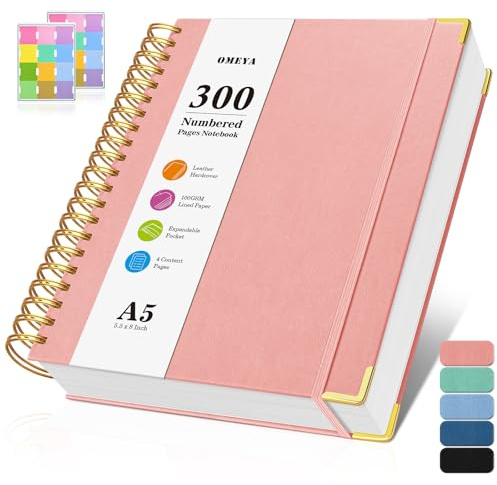 Spiralanteckningsbok, 300 numrerade sidor anteckningsböcker högskola styrd med kontens, 100 GSM tjock dagbok för kvinnor män, inbunden läderfodrad journal för att skriva, stora A5 anteckningsböcker
