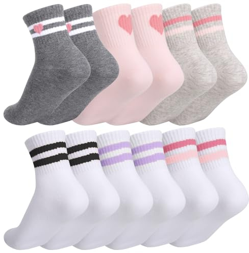 Utensilsto 6 paia di calzini da bambina 25-28, 29-33, 33-36, calzini da tennis, calzini sportivi in cotone, con strisce retrò, a forma di cuore, calzini per bambini per ragazze e ragazzi, bianco, nero