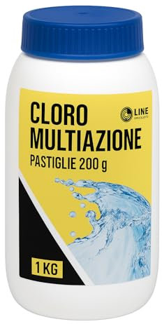 CLORO PISCINA MULTIAZIONE PASTIGLIE 200G – Tricloro 4 Azioni a Lenta Dissoluzione – Antialghe, Flocculante e Stabilizzante – Formati 1kg, 5kg, 25kg (1 Kg)