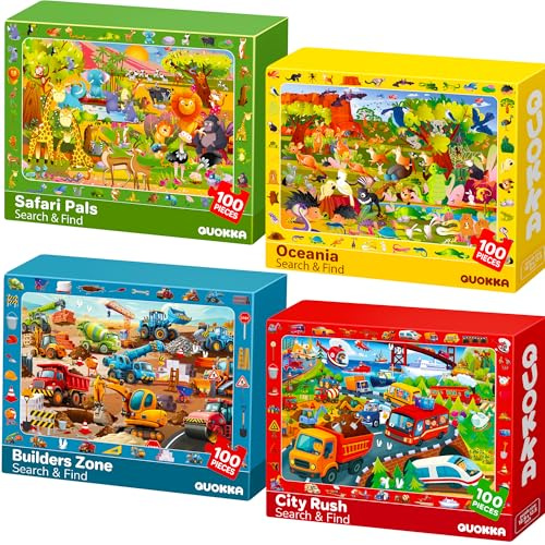 QUOKKA Kids Puzzles For 3 4 Year Olds - 4x100 Piece Jigsaw Puzzles For Children Age 5-8 - Educational Search & Find Game with Animals & Cars - Jigsaw Learning Toys for Girls & Boys Age 6 7