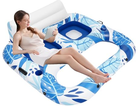 Flotador hinchable para 2 personas, doble flotador con soporte para bebidas, carga máxima: 136,08 kg, 165 x 152 x 55 cm, azul cielo