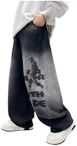 Générique Jeans Baggy Garçons Enfants Pantalon en Denim à Coupe Droite Loose Fit Jeans for Boys Pantalon en Jean Taille Élastique Pants Coupe Droit