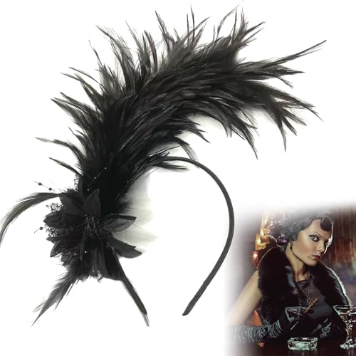Bandeau Plumes de Fleur Artificielle,Années 1920 Fascinateur,Vintage Serre Tete Plumes Noir,1920S Accessoires Cheveux pour Cocktail Mariage Goûter Décoration,pour Halloween Carnaval Cosplay Party