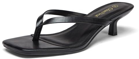 Glamnest - Sandali da donna con tacco a gatto, punta quadrata, infradito con tacco da 4,5 cm/1,77 pollici, sandali a tanga da donna con tacco basso, Nero , 38 EU
