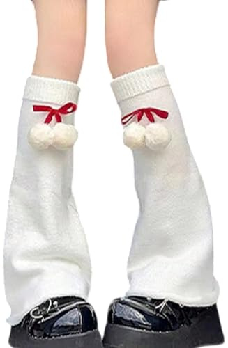 Pitadue Couvre-bottes d'hiver en tricot acrylique chaud avec nœuds à boules en fourrure - Longues jambières sans pieds pour femmes et filles - Chaussettes chaudes pour le bureau, Chaussettes blanches