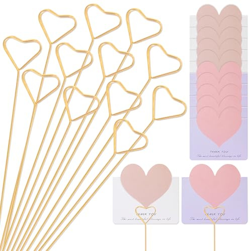 YiiHHooN Segnaposto Floreali da Tavolo, 40 Pezzi Portafoto a Fiore con Bigliettini, Supporti Portacarte Dorati a Forma di Cuore da 30 cm per Numeri da Tavolo e Composizioni Floreali