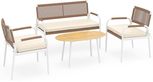 GIANTEX Set Mobili da Giardino 4 Pezzi, Salotto da Giardino con 2 Poltrone, Divano a Due Posti Tavolo in Vetro Temperato e Cuscini Morbidi, in Rattan PE, per Patio, Balcone