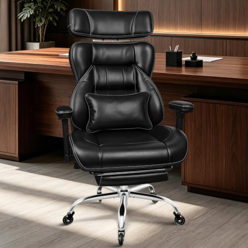 BASETBL 200 kg Heavy Duty Office Chair with Spring Seat and 3D Armrests | Extra-Wide Cushion with Adjustable Headrest, Retractable Footrest, Class 4 Gas Lift, Rubber Castors and Black PU Upholstery