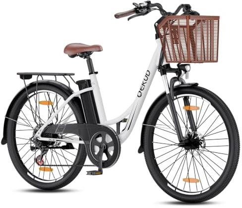Qekud Vélo électrique pour femme/homme, 26 pouces, avec panier, vélo de ville, vélo de trekking avec batterie 36 V 13 Ah, blanc