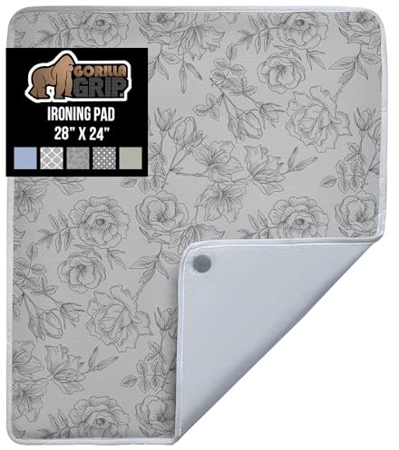 GORILLA GRIP The Original Ironing Board Cover and Pad, Silicone Coating, 400°F Scorch Resistant Thick Padding, Heavy Duty Iron Covers Standard Boards, Hook and Loop Fastener Strap, Gray Floral 28x24