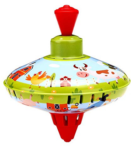 LICHENGTAI Trottola Giocattolo, trottola Classica a Pompa, trottola in lamiera con Punta, Base di Supporto, volano in Latta, Metallo, Trotola Giocattolo per Bambini a Partire da 18 Mesi, 14CM - A