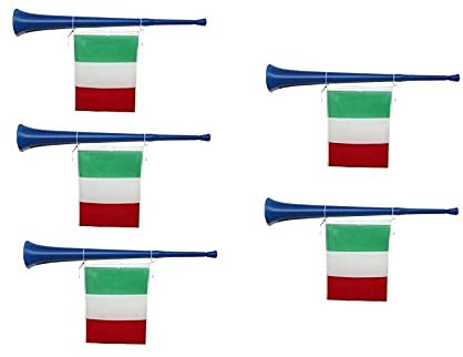 Zeus Party Offerta Europei 2020-5 Trombe da Stadio in Plastica Lunghezza 37cm Vuvuzela con Attaccato Bandierine Italia da 17x27 cm