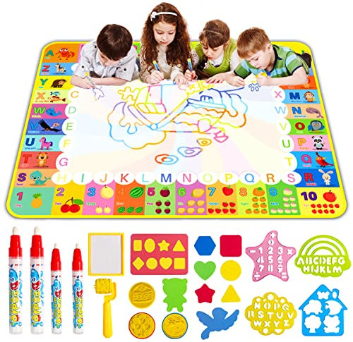 Water Doodle Mat - 120 x 90cm Large Aqua Magic Water Drawing Mat with Magic Pens, Stamps, Molds No Mess Coloring Painting Educational Christmas Birthday Gift for Toddlers Boys Girls Toys Aged 3 4 5