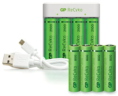 GP Battery Caricabatterie USB Recyko con 4 Batterie Ricaricabili 1,5V Stilo AA NiMH 2100mAh e 4 Batterie Ricaricabili 1,5V Mini Stilo AAA NiMH 800mAh incluse