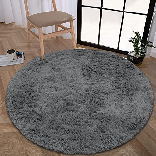 Enyhom Rund Hochflor Fluffy Teppich Plüsch Wohnzimmer Dicker Teppich Waschbar Samt Shag Teppich rutschfeste Weich Großen Teppiche für Sofa Schlafzimmer Bettvorleger Dekoration, 120 cm Grau