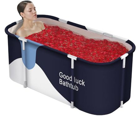 Sinbide Baignoire Pliable Adulte, Grand Antidérapant Baignoires Portable Mobile pour Douche, Pliante SPA Baignoire pour Petite Salle de Bain, Trempage Autoportante Baignoire, 133x64x47cm (Bleu-blanc)