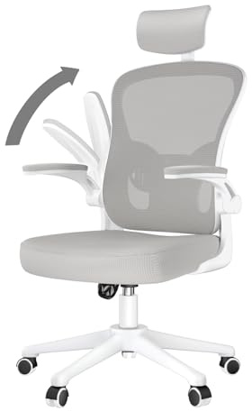 naspaluro Silla de Oficina Ergonómica, Silla de Escritorio con Soporte Lumbar, Reposacabezas Ajustable, Reposabrazos Abatibles, Silla Giratoria con Respaldo Transpirable, Gris