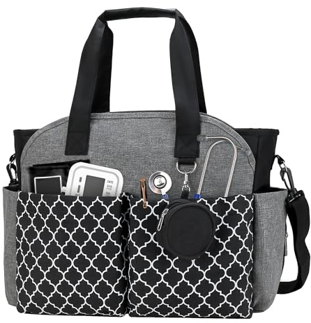 Korolev Borsa da infermiera per lavoro, borsa tote per infermiera, borsa per allattamento con tasche multiple per infermiere e donne che lavorano, grigio-nero