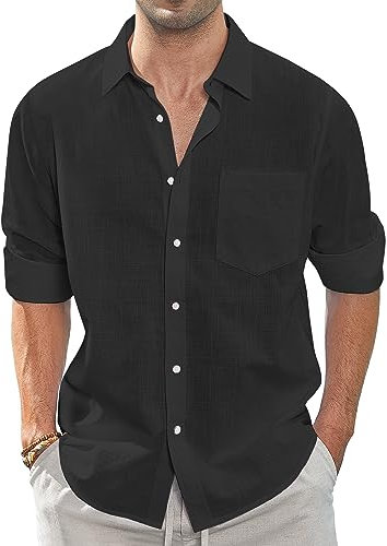 J.VER Leinenhemden für Herren Casual Sommerhemd Regular Fit Leinenshirt mit Taschen Freizeithemd,Schwarz,5XL