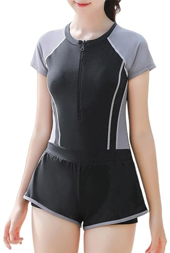 Maeau Einteiliger Badeanzug Mädchen 8 9 10 Jahre UV Schutz Badebekleidung Kinder Badeanzug Kurzarm Schwimmanzug mit Bein Badeshorts Rock Shorts Bademode Training Sport Schwimmen Strand Rash Guard Grau