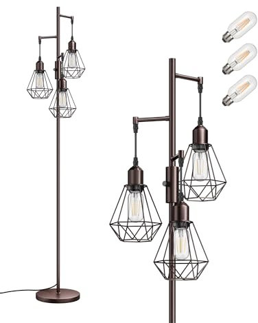 EDISHINE Lámpara de Pie LED Regulable, Lámpara de Pie Vintage con 3 Luces y Bombillas E27, Diseño Industrial de Metal con Pantalla en Jaula, Ideal para Salón, Dormitorio o Comedor, Color Marrón