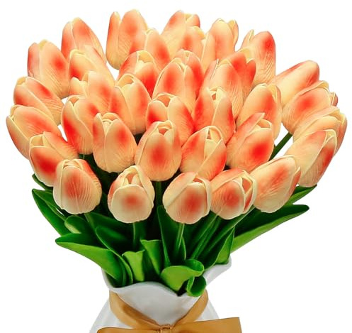 VIKINGS PANDA 36 PCS Tulips Artificial Flowers 13 PU Fake Flowers for Wedding Home Decor (Champagne)