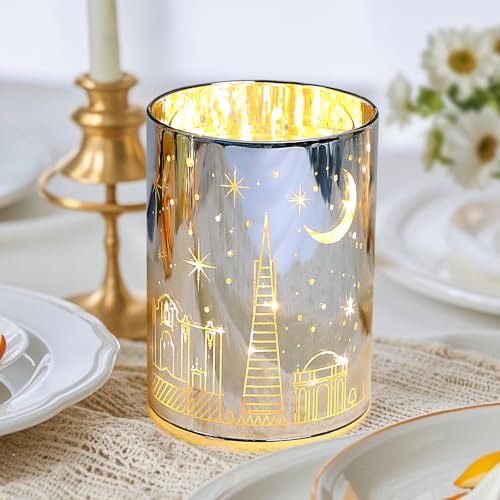 Glas LED Kerzenhalter, Aosite Teelichthalter Kerzenhalters Halter mit LED für Tisch Tischdekoration, Elegante Silber Glas Kerzenhalters Teelichtgläser für Hochzeit, Geburtstag Party, Haus