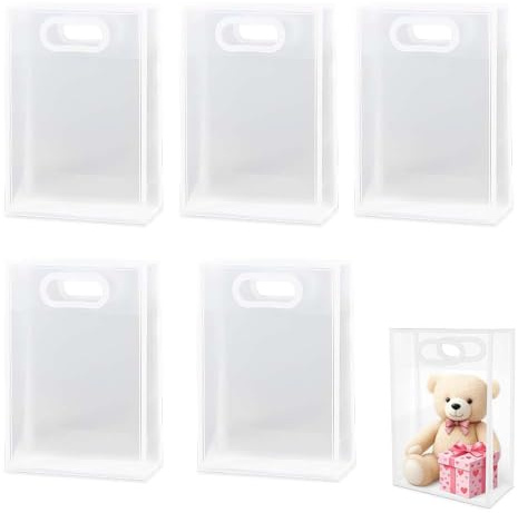 ZENQARI 5 Pezzi Busta Regalo Trasparente, Sacchetto Regalo in PP Riutilizzabile con Manico Modellato Autoportante, 24x15x8 cm, per Matrimoni Feste Negozio Regali DIY e Conservazione Domestica
