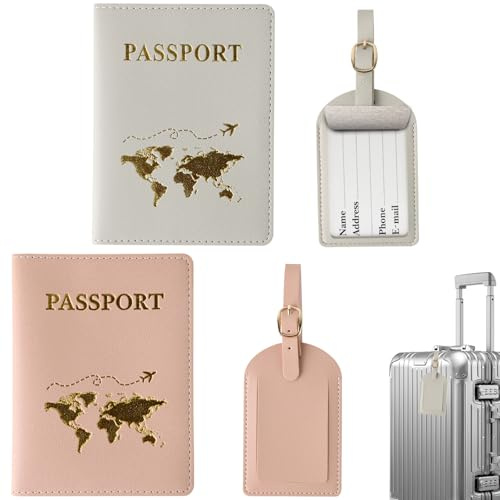 ZDNT Reisepasshülle,2 Stück Reisepasshülle mit 2 Kofferanhänger,Passport Holder,Passport Cover,Passport Hülle,Reisepasshülle Kofferanhänger für Kreditkarten,Ausweis und Reisedokumente (Rosa,grau)