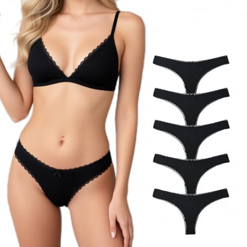 JILLICK 5-Pack black Seamless Thongs Cotton Soft Comfortable Underwear G String No Show Briefs Bralette Multipack for Women - Brazilian Ribbed Lace Trim High Waist Panties Ladies Knickers