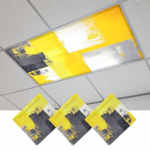 Fluorescent Light Covers, Yellow Gray Magnetic Light Covers for Ceiling Lights, Oil Painting Abstract Modern Geometric Fluorescent Ceiling Shade Filters for Classroom Bedroom Office 4x2Ft x 3PCS