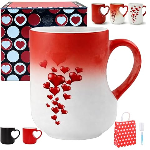Generisch Zauberhafte, farbwechselnde Keramiktasse in Herzform, einzigartige Kaffeetasse mit Herzgriff und roten Herzmotiven – Geschenk zum Valentinstag, zu Hochzeiten und Jubiläen (Rot)