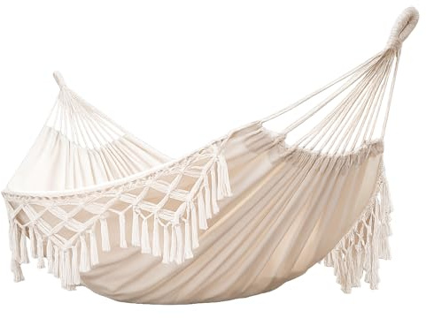 Amaca Matrimoniale Da Giardino Terrazzo Campeggio E Piscina In Cotone E Poliestere Con Frange Decorative Per Relax Outdoor Boho Chic Portata 250 Kg 240 x 150 Cm Beige