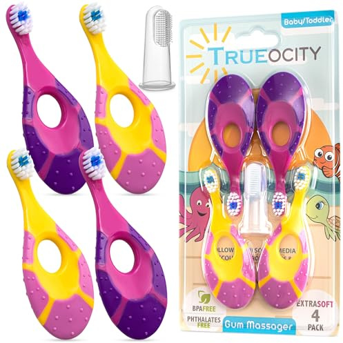 Trueocity Infant Toothbrush Set for Oral Care (12 Months+) – Soft Bristles, Small Brush Head, Easy-Grip Handle – 4-Pack (Pink & Purple)