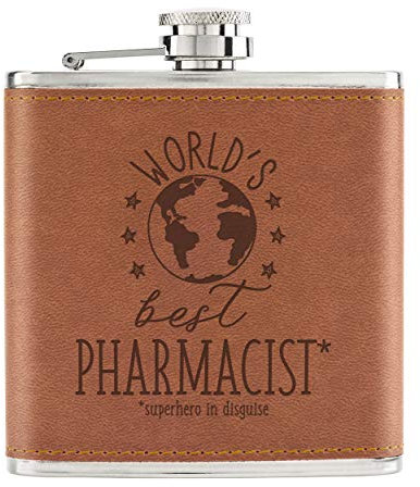 World's Best Pharmacist 6oz PU Leather Hip Flask Tan