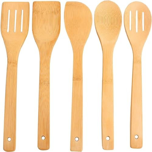 hollylife Utensilios de Cocina 5 Piezas Moderna, Sólidas Espátula Cuchara de Bambú Puro Madera Natural, sin Barnizada