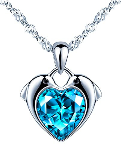 INFINIONLY Collier cœur élégant pour femmes et filles, Collier en argent 925, Pendentif cœur décoré de dauphin mignon, incrusté de zircon brillant, avec la chaîne de 45cm, bleu océan