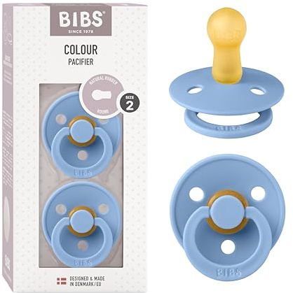 BIBS Colour Soother 2-Pack, BPA Free Dummy Pacifier, Round Nipple. Natural Rubber Latex, Made in Denmark, Size 2 (6-18 Months), Sky Blue