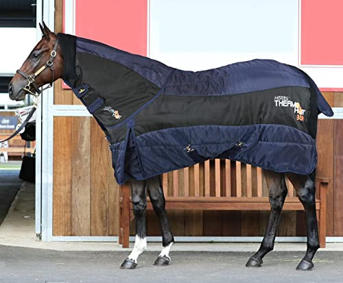 Horses, Stalldecke + Halsteil ThermoHOT 300gr, Hervorragend Verarbeitete Decke, Nützlich zum Schutz des Pferdes vor Temperaturschwankungen und Insekten (Blau/Schwarz, 128 cm)