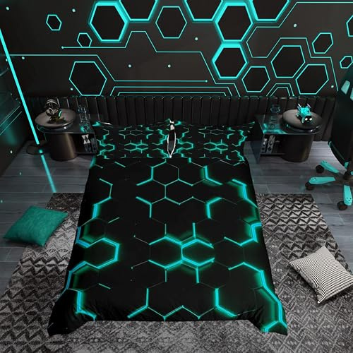 Juego de funda de edredón con estampado verde azulado y negro, juego de ropa de cama hexagonal para niños, adolescentes, decoración de panal de abeja, funda de edredón geométrica simplista, colección