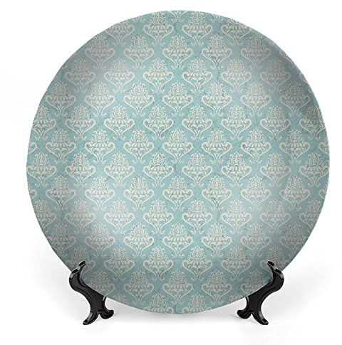 LIGUTARS Decorative Plates, Turquoise Print Ornament, Vintage Medieval Symbols Grunge Floral Abstract, 10 Inch, Kitchen Wall Decor, Bluegrey Cream