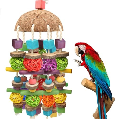 Large Bird Parrot Chewing Toy,Parakeet Cage Bite Toys Nature Durable Hanging Chewing Multicolored Natural Wooden Blocks ，Rattan Ball and Coconut Shell Tearing Toys for Large Bird Amazon Parrots