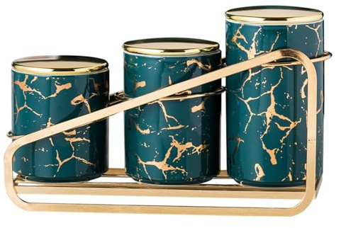 XYQXYQ Ceramic Canister Set,Gold Modern Kitchen Storage Jars, A Set of 3 Kitchen Canisters with Tiered Shelf, Airtight Countertop Flour and Sugar Containers, Coffee and Tea Storage