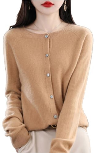 TeysHa Kaschmir-Cardigan für Damen, Wollpullover mit Rundhalsausschnitt, Knopfleiste und Langen Ärmeln (golden Camel,X-Large)