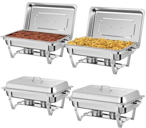 Rengue 9.5 QT Chafing Dishes, 4 Pack High Premium Stainless Steel Complete Set, Rectangular Chafing Dish Buffet Set, Heating and Cooling Chafing Dish for Gatherings Banquet, Buffet, Party, Wedding