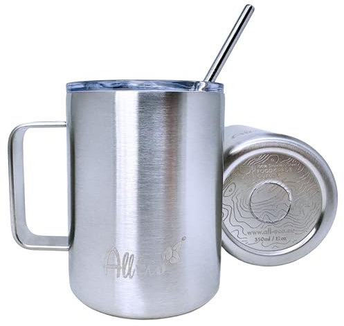 AllEco® Edelstahl Becher mit Deckel und Strohhalm & 350ml Camping Kaffeetasse to go Thermobecher Trinkbecher Ideal für Geschenke Männer Frauen Outdoor (Magnet-Slider Deckel)