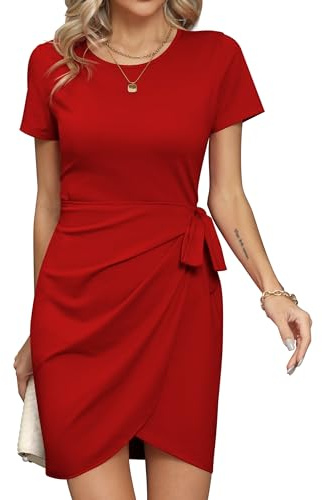 Missufe Robe d'été pour femme - Robe d'été à manches courtes - Mini robe - Robe décontractée - T-shirt - Bodycon ajusté - Col en V - Robe froncée, rouge, S