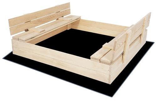 SPRINGOS Bac à sable en bois pour enfant avec bancs 120 x 120 cm avec fond non-tissé