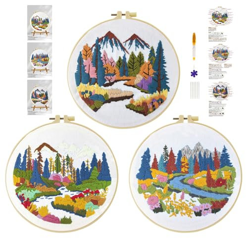 cukol cukol 3pcs Kit Ricamo Principianti Paesaggio Autunnale, Embroidery Kit, Schemi per Set Ricamo Starter Mezzo Punto Croce Kit da Ricamare Mezzopunto a Mano Stampato Bambini