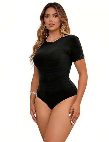 ohyeahlady Dambody, sexig, curvy med tryckknapp, bodysuit, elegant, kortärmad, stringbody, t-shirt, topp, stora storlekar, topp, hög elasticitet, overall, blus, body, linne, svart, XXL